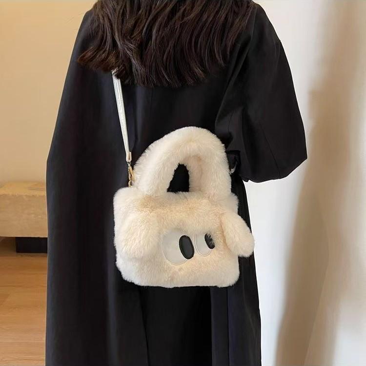 Big-Eyed Dog Plush Crossbody Bag: Faux Rex Rabbit Fur Childlike Tote, Fashionable Cartoon Handbag for All Seasons