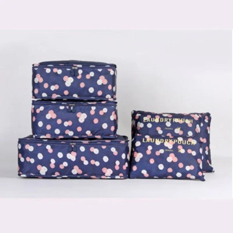 6pcs Blue Floral Travel Organizer Bags Polyester Storage for Clothes Toiletries Accessories Business Trip Home Organization