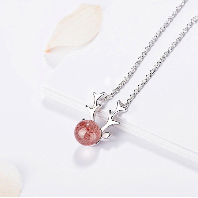 S925 Sterling Silver Antler & Strawberry Crystal Necklace for Women - Fresh, Cute, Simple Clavicle Chain