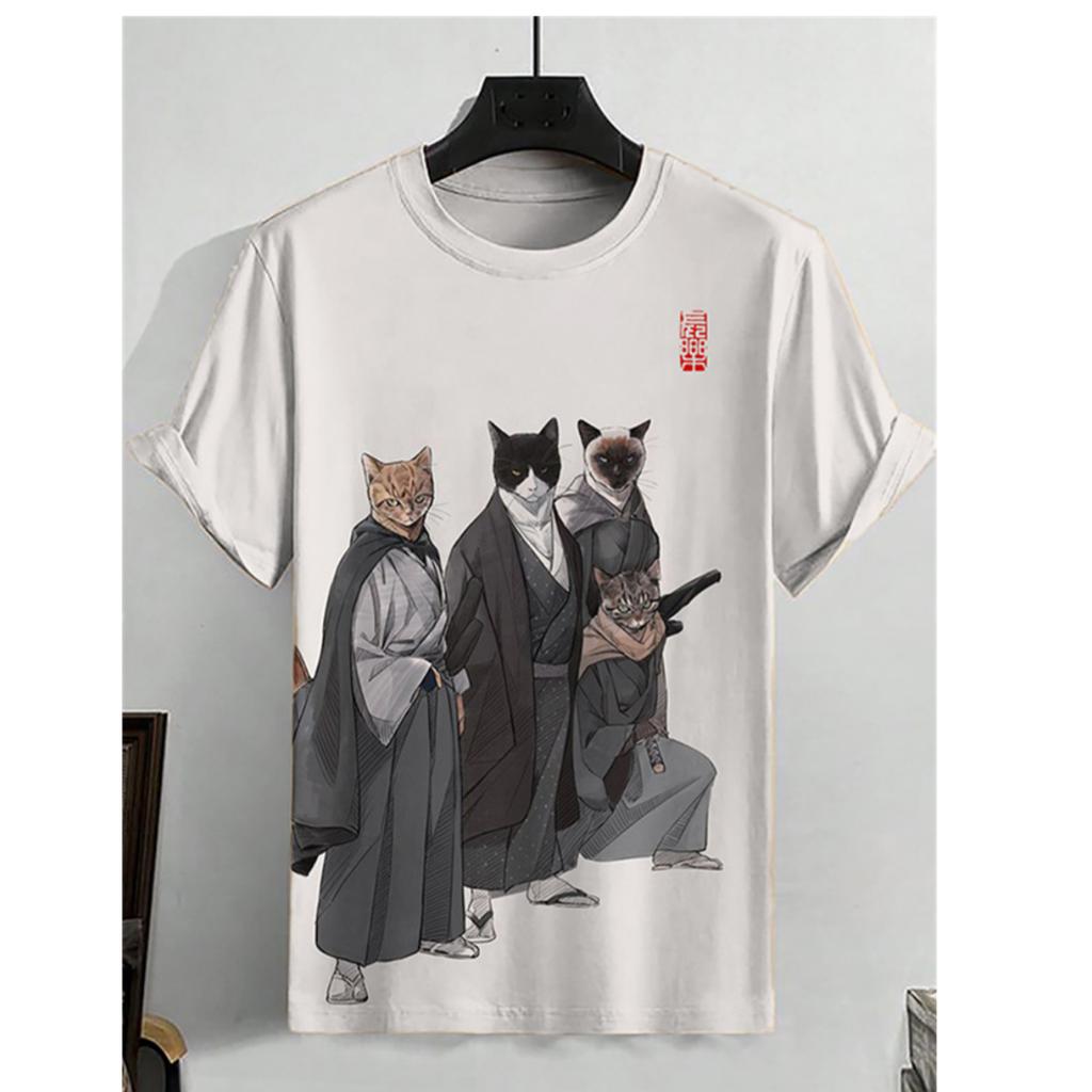 Animal Men's T-Shirt Japanese Samurai Cat Pattern T-Shirt 3d Print Short Sleeved T-Shirts Oversized Men Clothing Tops Summer New
