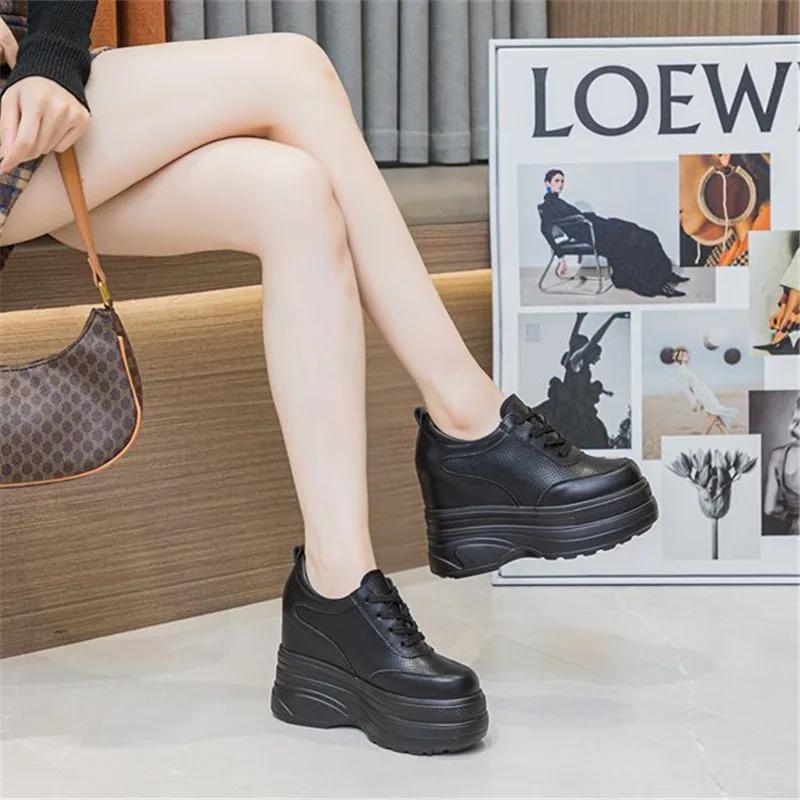 11cm Genuine Leather Women Fashion Platform Sneakers High Hidden Heel Wedge Walking Shoes Brides Wedding Shoes Tennis Shoes