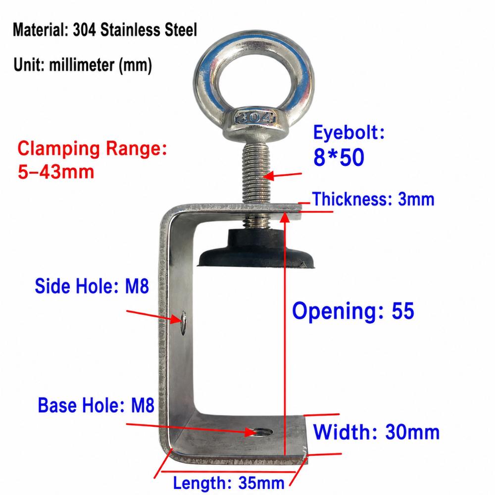 1pc 304 Stainless Steel Square Clamp Pull Ring Fixed Holder Clip C-clamp Hardware Fasteners