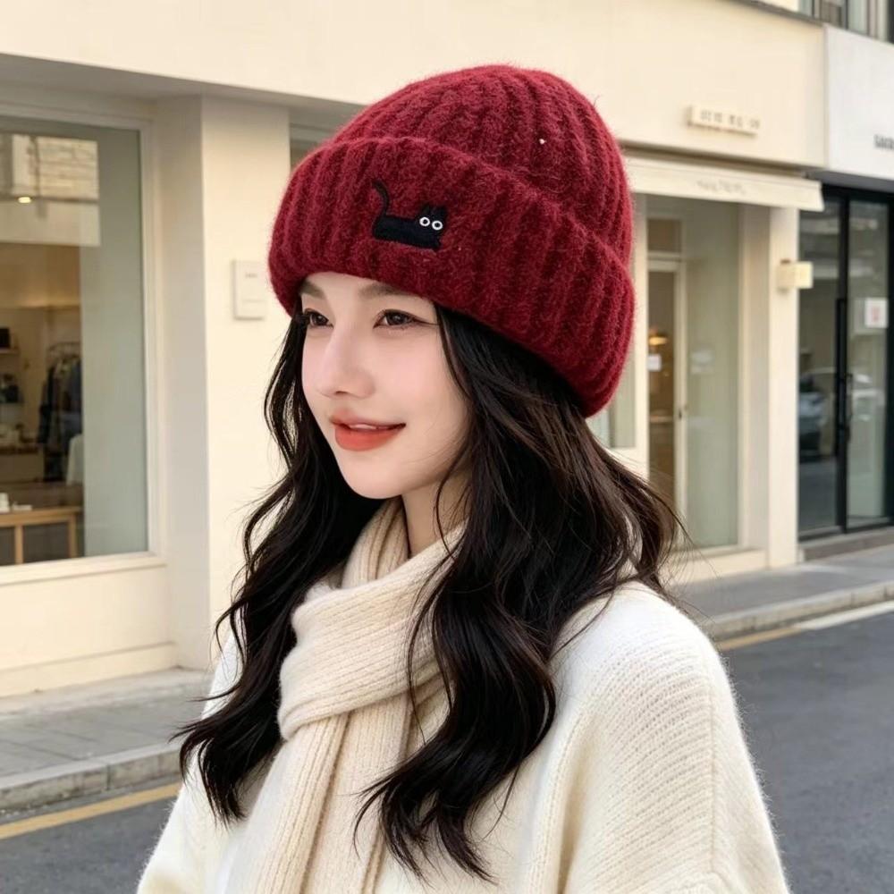 Soft Warm Beanie Hat Cat Embroidered Winter Thermal Cap New Knitted Woolen Hat  Women