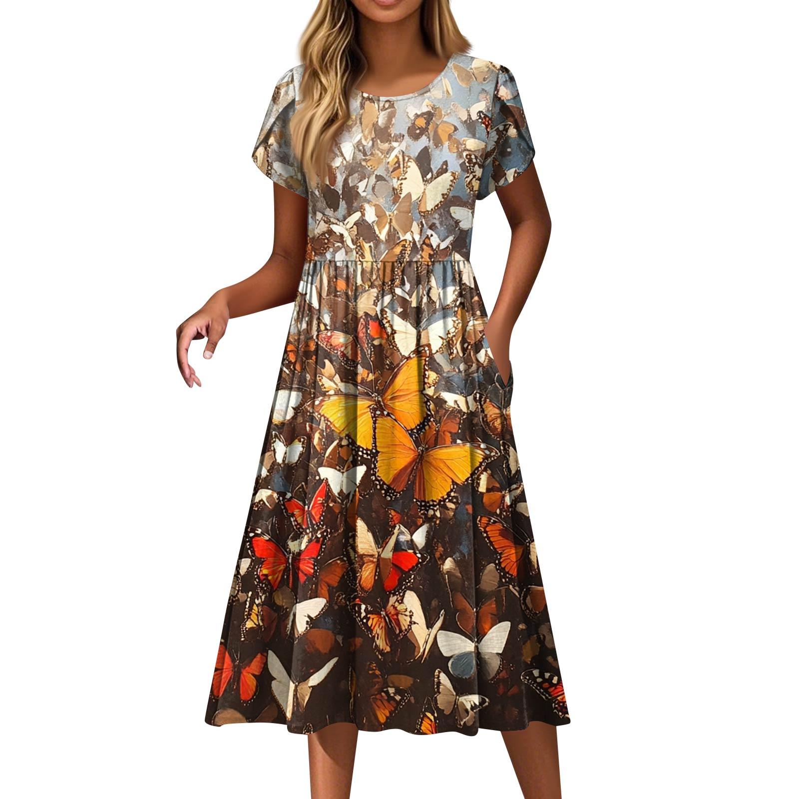 

Женские модные повседневные свободные платья с круглым вырезом и карманами с коротким рукавом XXL оранжевый