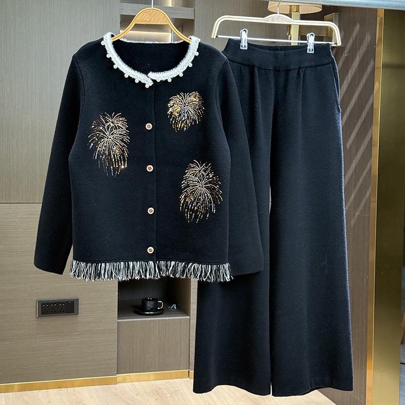 

2025 New Spring/Autumn Fashion: Embroidered Tassel Knitwear Jacket Set for Middle-Aged & Elderly Women 2XL (110-120 jin) чорний