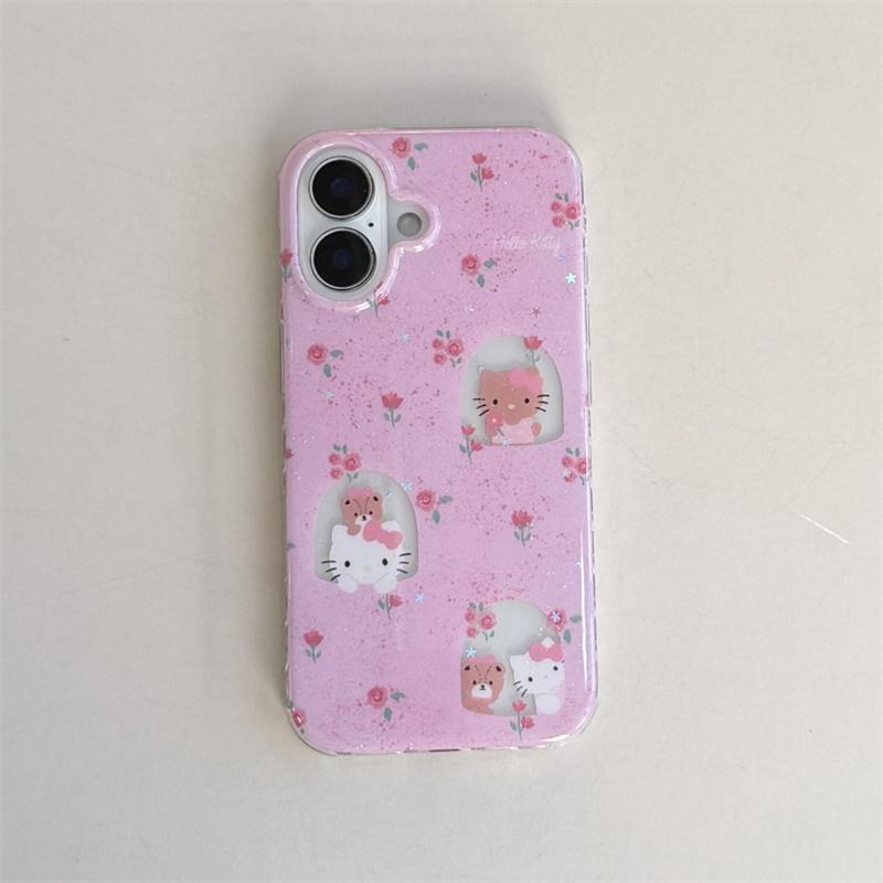 

Kawaii Pink Floral Bear Phone Case For iPhone 17 Pro 16 15 14 Pro Max with Heart Side Holes and Window Design Shockproof Cover For iPhone 17ProMax