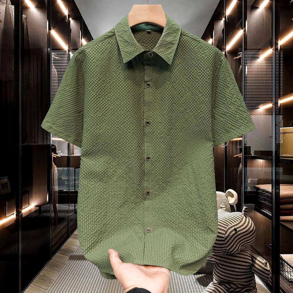 Summer Men's Shirt Short Sleeve Bubble Yarn Concave and Convex Texture Fabric Thin Quick Drying Flip Collar Short Sleeve Shirt