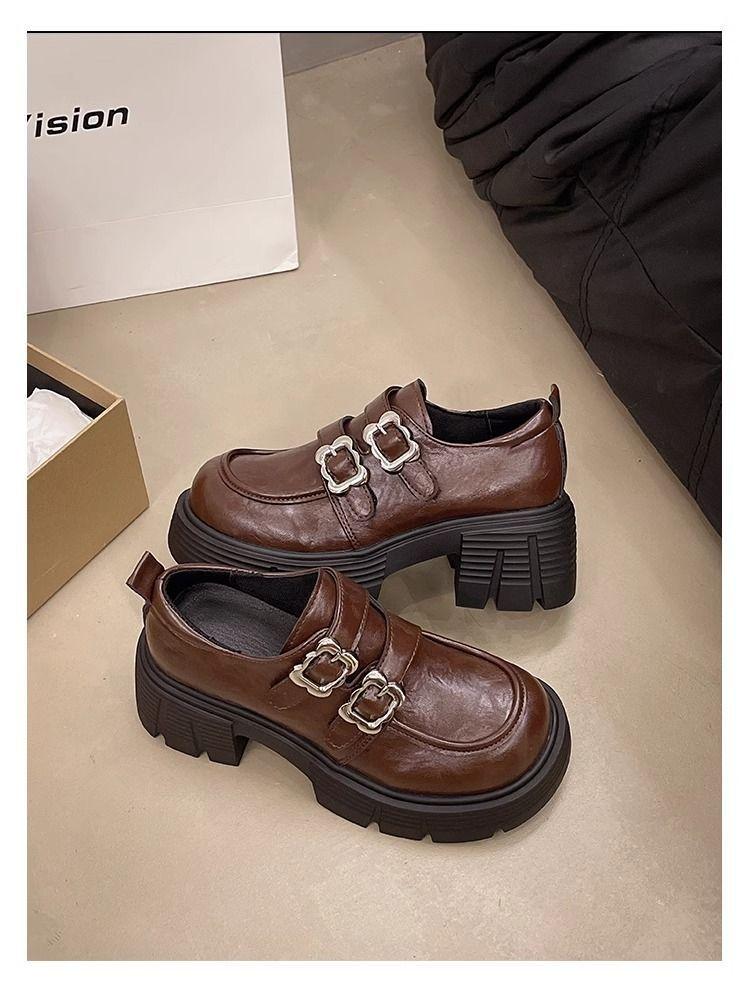 Black Thick-heeled Thick-soled One-pedal Small Leather Shoes for Women's Spring and Autumn New Retro British Style Versatile Heightening Loafers