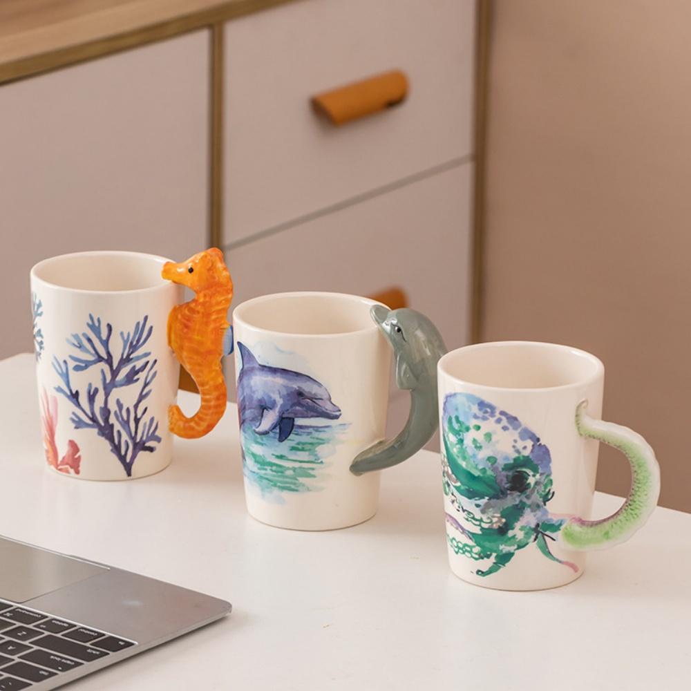 Handmade Ocean-Themed Ceramic Coffee Mug Creative Art Milk Cup with Octopus Dolphin Seahorse Design Gift for Kids And Friends