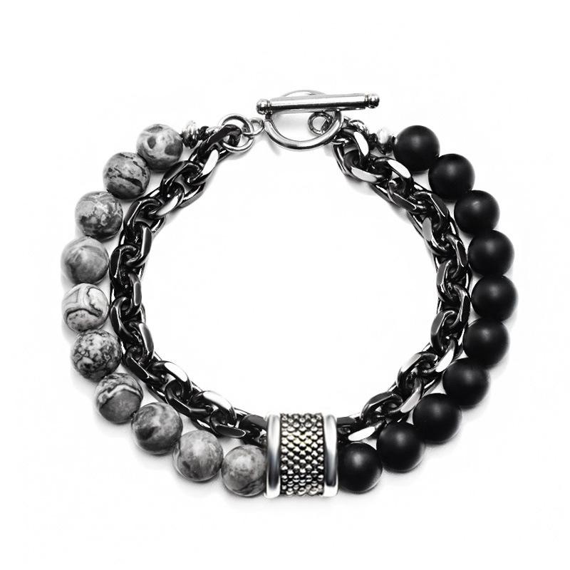 Frosted Map Stone Bracelet Men Double Layer Beads Titanium Steel Matching Wrist Jewelry