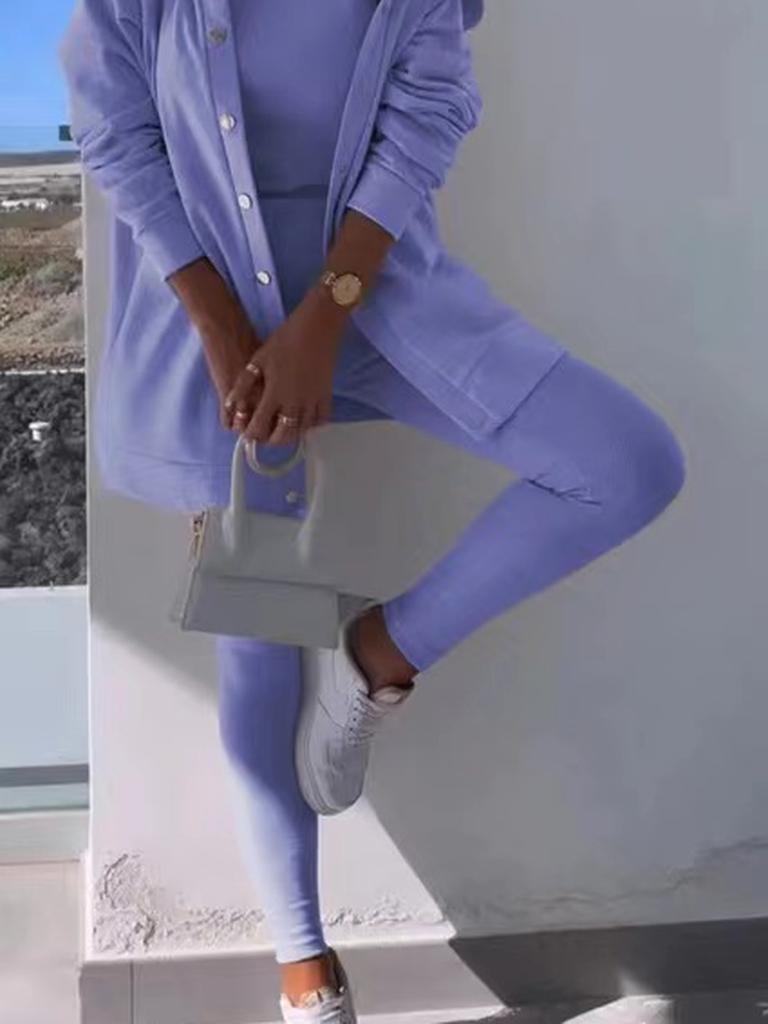 Spring New Women's Casual Hooded Sweatshirt & Slim Fit Ribbed Pants Set - 3 Pieces