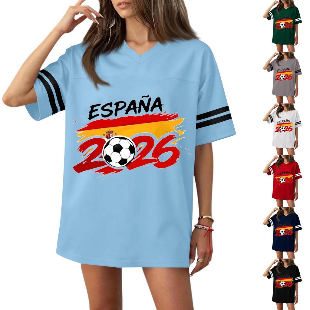 Women’s Casual V Neck Football Jersey Flag Print Short Sleeve Sports T Shirt Top for 2026 Soccer Fans