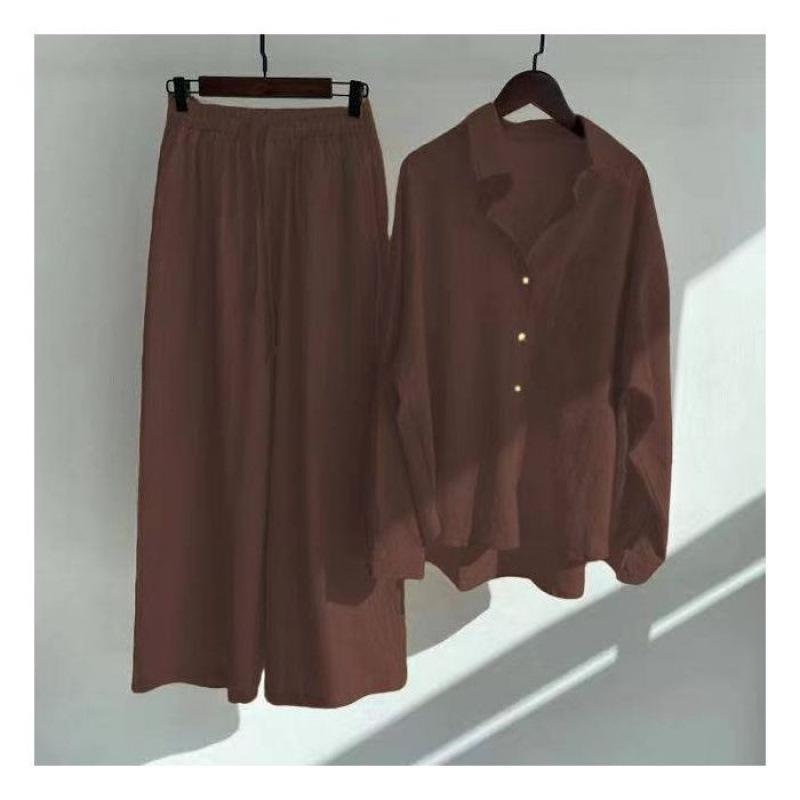 Spring Fashion Plus Size Women's Two-Piece Set: Cotton Linen Shirt & High-Waisted Loose Trousers
