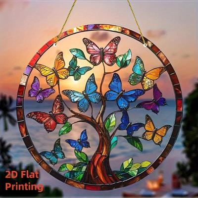 2D Flat Acrylic Tree of Life Butterfly Wall Hanging Decor with Colorful Butterflies & Sunset Design, Nurseries, Vintage Home Decor Wall for Bar