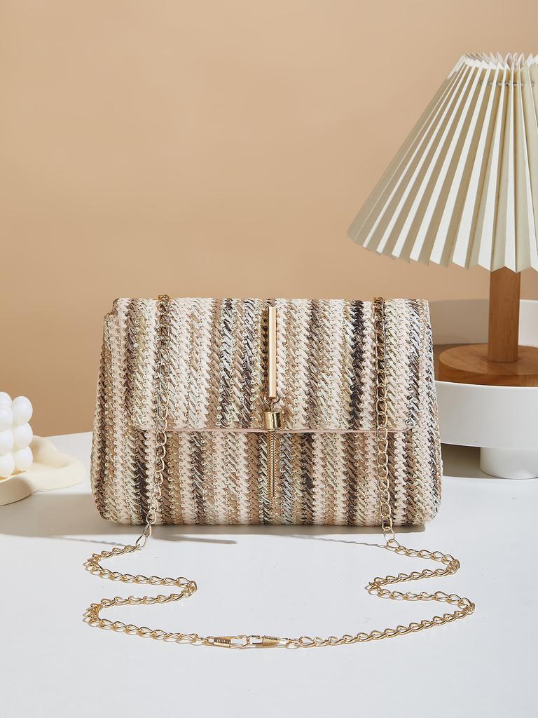 Color Striped Woven Hanging Bell Decoration Small Square Bag Women's New Chain Single Shoulder Crossbody Armpit