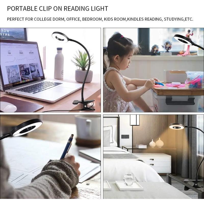 Flexible Gooseneck LED Reading Book Light with Clamp, 3 Color Temperature Circular Night Lamp for Bedside Travel Office