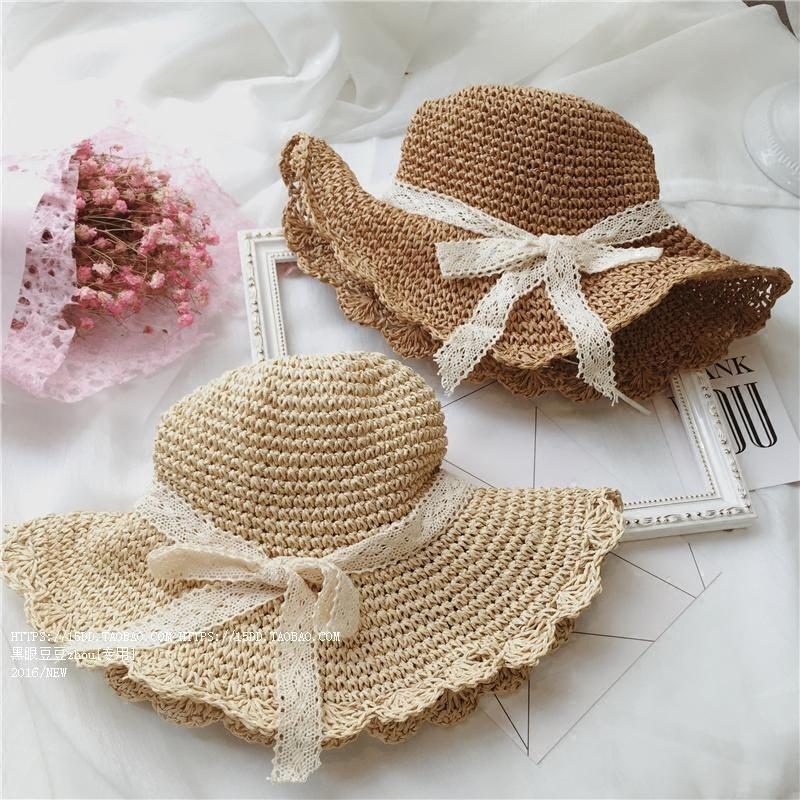 Summer Straw Hat Women's Handmade Large Edge Folding Beach Lace Versatile Sunscreen Sunshade Sun Hat Summer