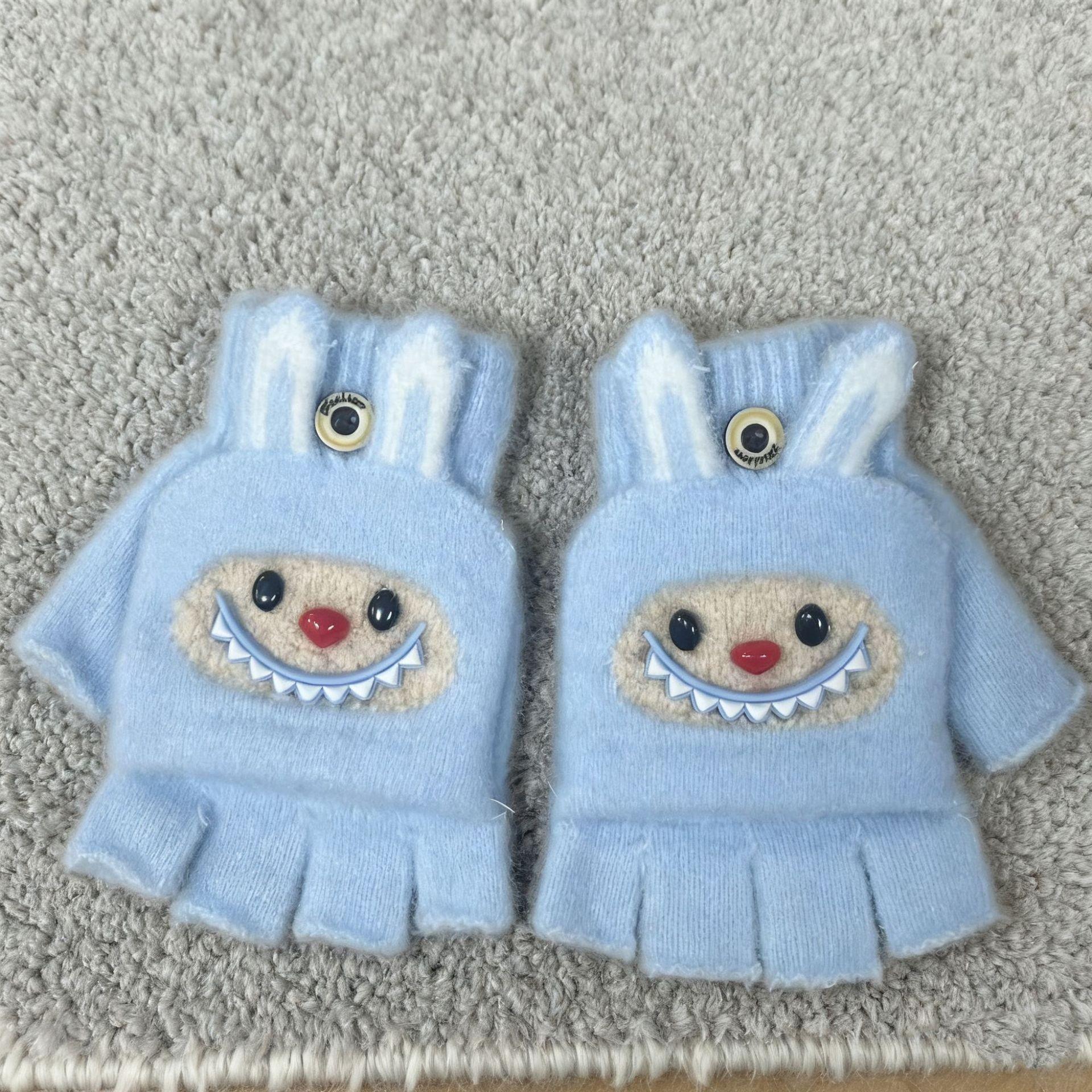 

Strictly selected children s gloves thickened warm boys and girls cartoon baby autumn and winter half finger flip knitting dual-purpose medium writing One size fits all
