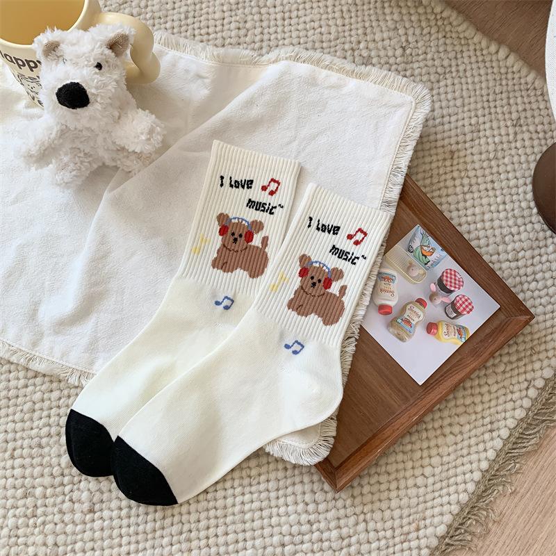 Female Autumn Cotton Polka Dot Striped Cartoon Puppy Cute Preppy Air Breathable Mid Tube Pile Socks