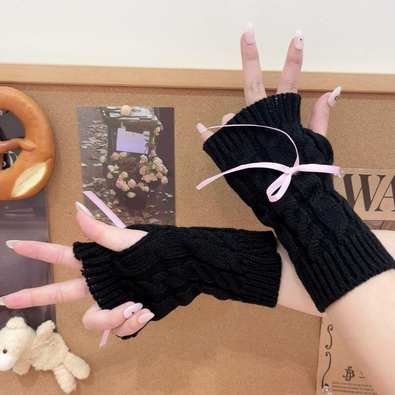 Korean Knitted Gloves Women's Bow Hand Warmer Winter Gloves Fashion Black Pink Knitted Thicken Mitten Fingerless Mittens