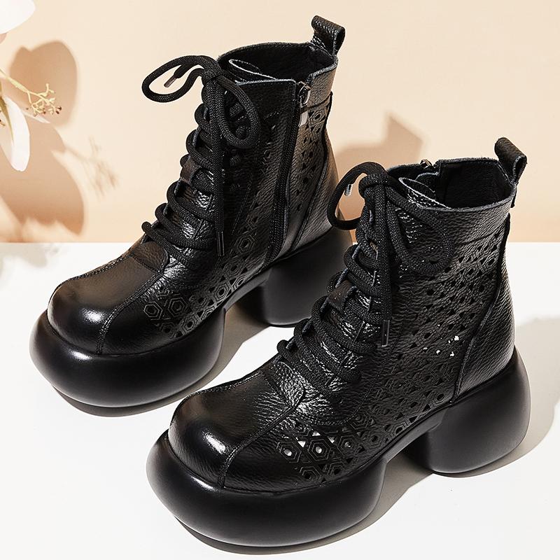 Mode GKTINOO Frühling Sommer Aushöhlen Damen Damen Mokassins Reißverschluss Weich Mode Sandalen Plateau Schuhe Damen Echtes Leder Stiefeletten