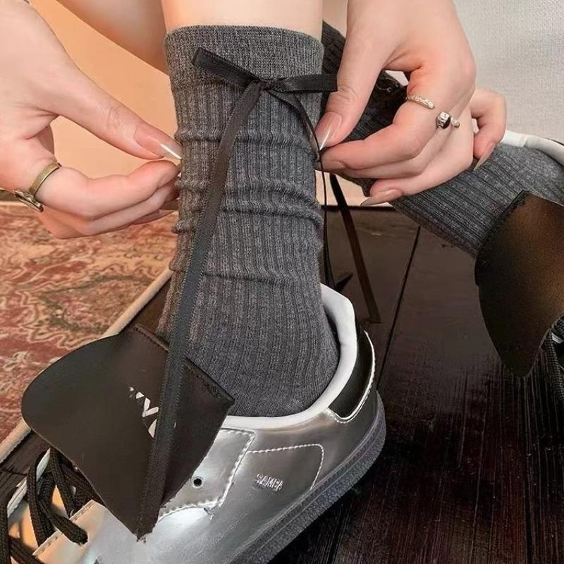 Solid Color Women's Socks with Bow, Anti-pilling, Breathable and Comfortable, Paired with Mary Jane Shoes and Mid-calf Socks