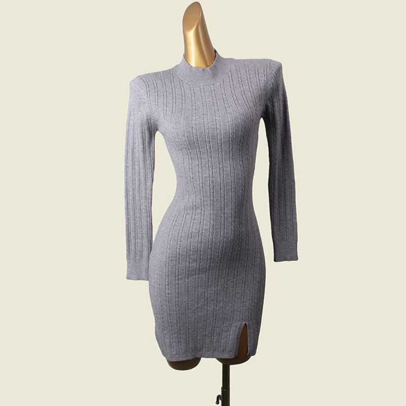 

Style Sunken Stripe Knitted Base Skirt Foreign Trade Original Order Half-high Collar Slim fit Inner wear Long sleeve Autumn and Winter Warm Hip Skirt Blemish Gray S