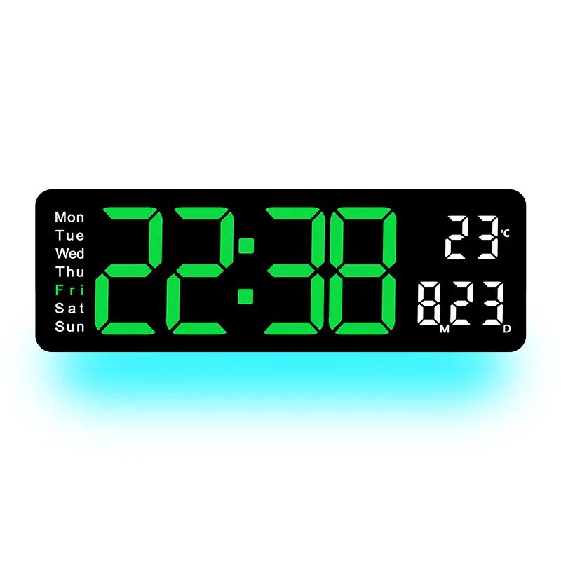 Rectangle Large Screen Digital Wall Clock with Atmosphere Light Date Time Week Temperature Display Electronic Alarm Clocks