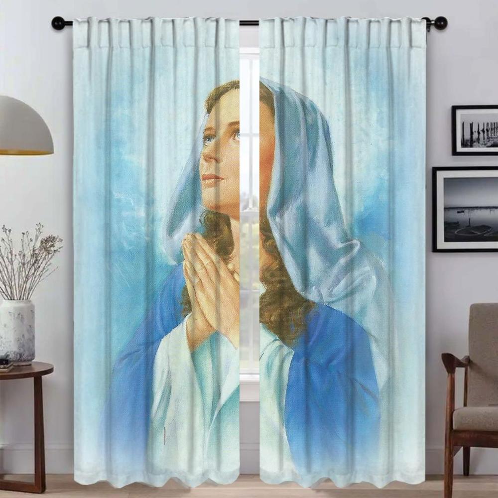 Domácí interiérové závěsy 2 kusy Křesťanské závěsy Panna Maria pro ložnici Stínidla Halloweenská dekorace Závěs do obývacího pokoje Dítě