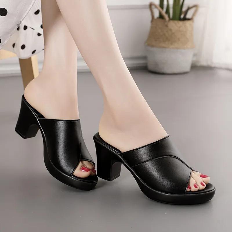 Fashion Women Summer New High-heeled Waterproof Platform Sandals Female Thick-heeled Slippers Bright Leather Solid Color Casual Shoes