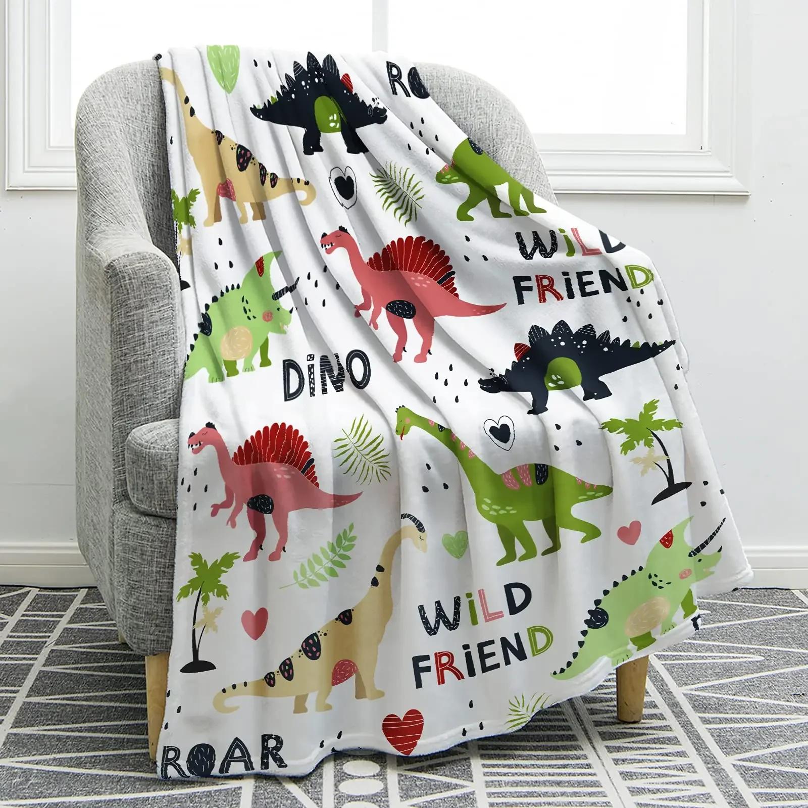 Cartoon Dinosaurs Blanket Soft Print Cozy Throw Blanket for Sofa Chair Bed Office Travelling Camping 130x150cm