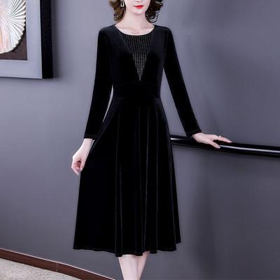 Women's Velvet Long Sleeve V-Neck Mesh Detail Elegant Midi A-Line Evening Party Formal Slim Dress