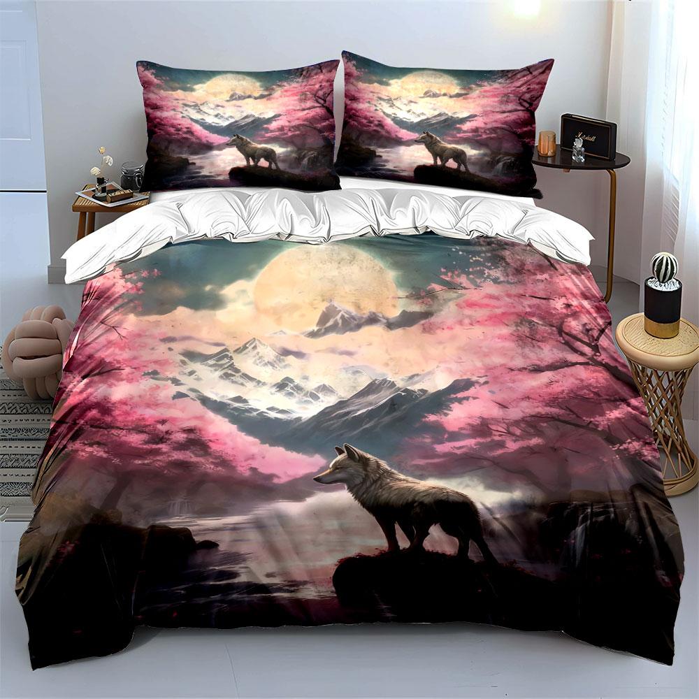 Wolf Sakura Mountain Art Decor Soft Comfortable Duvet Cover Bedding Set Included 1*Duvet Cover & 2*Pillowcases, Gift