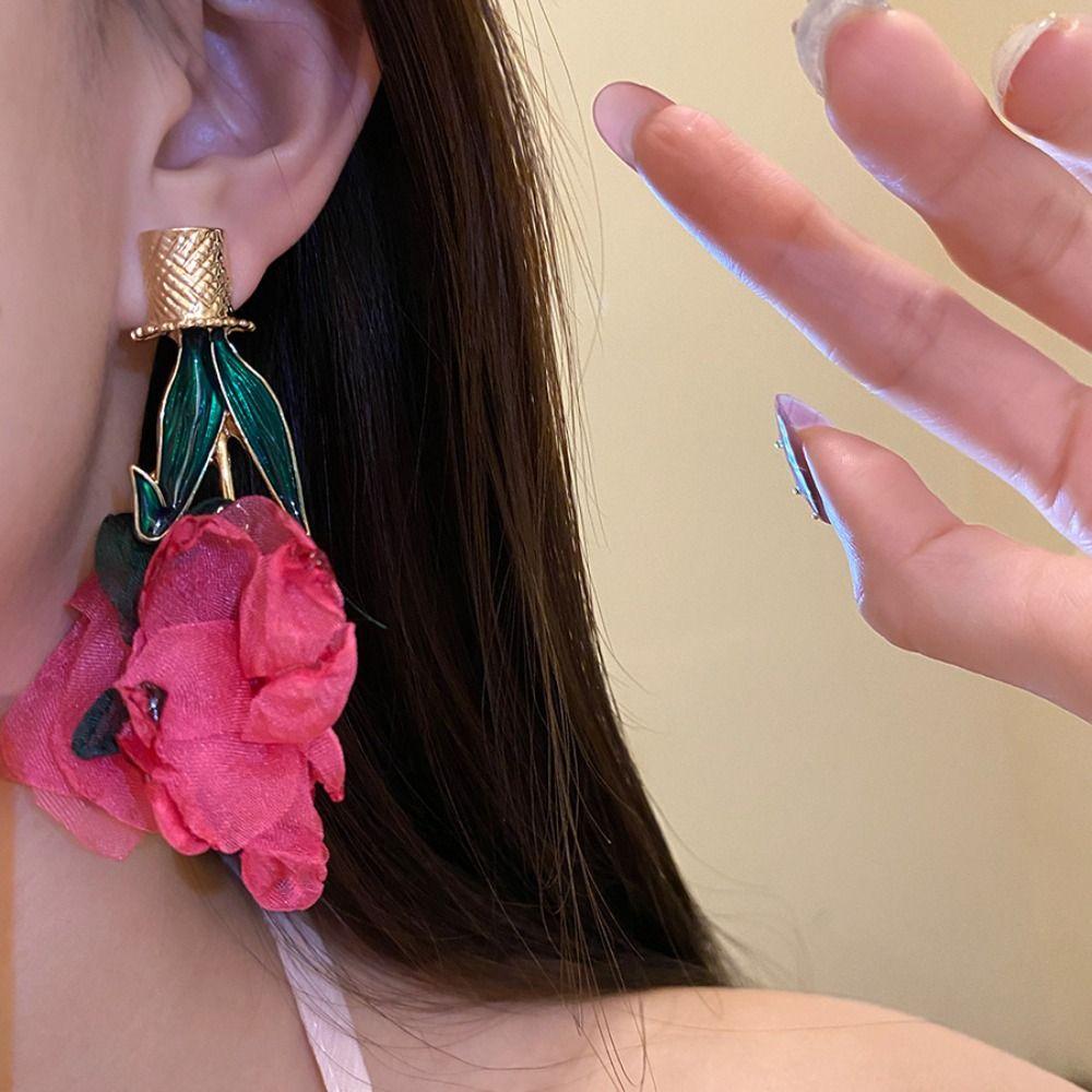 Exaggerated Long Flower Earrings Yellow / Rose Red Dangle Earrings Ear Studs  Garden