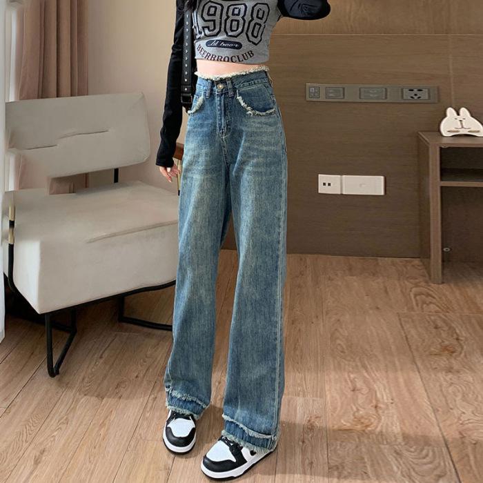 Hong Kong Style Women s High-Waisted Wide-Leg Frayed Jeans, Floor-Length Retro Flattering All-Season Pants Medium