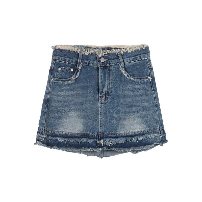 Classic Versatile Wearable Durable Raw Edge Retro A-line Package Hip Skirt Design Bustier Skirt High Waist Ladies Summer Fashion Denim Short Skirt