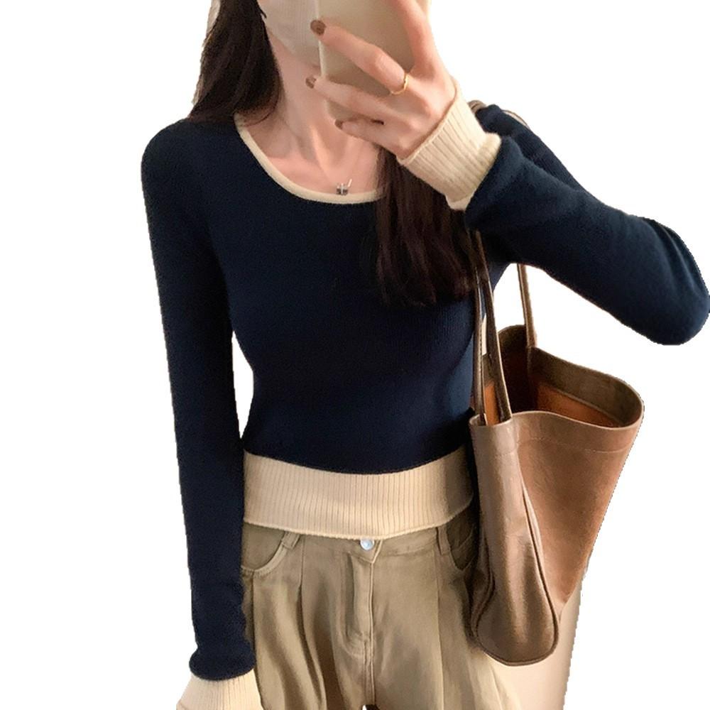 Casual chic slim-fitting contrasting shirt women's autumn new high-end sweater long-sleeved knitting
