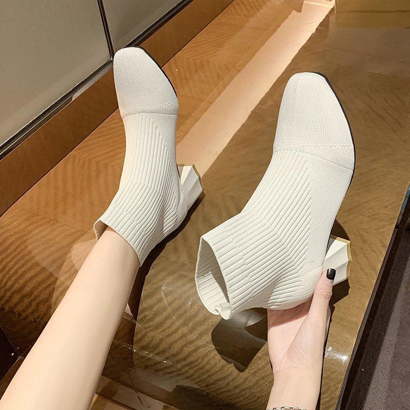 Fashion Stretch Sock Boots For Women Boots 2025 Square Heel Yellow Knitting Shoes Elastic Cottton Boots Lady Footwear