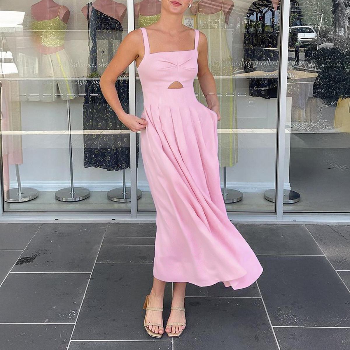 

Весенне-летние женские повседневные элегантные праздничные платья однотонного цвета с высокой талией и бретелькой через шею S розовый