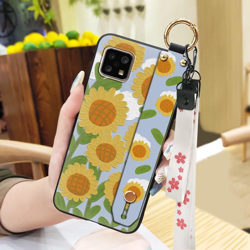 Shockproof Silicone Phone Case For Sharp Aquos Sense4 4G/Sense 5G Kickstand Waterproof Phone Holder Wristband Flower