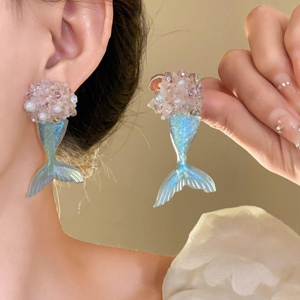 Cute Fishtail Drop Earrings Pearl Beach Style Earrings Sweet Mermaid Resin Earrings  Beach