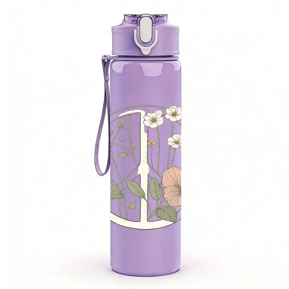 1PC Wreath Wildflower Line Art 750ml Color Plastic Sports Water Bottle Leakproof Flip Straw Lid Suitable for Sports Office Home Use