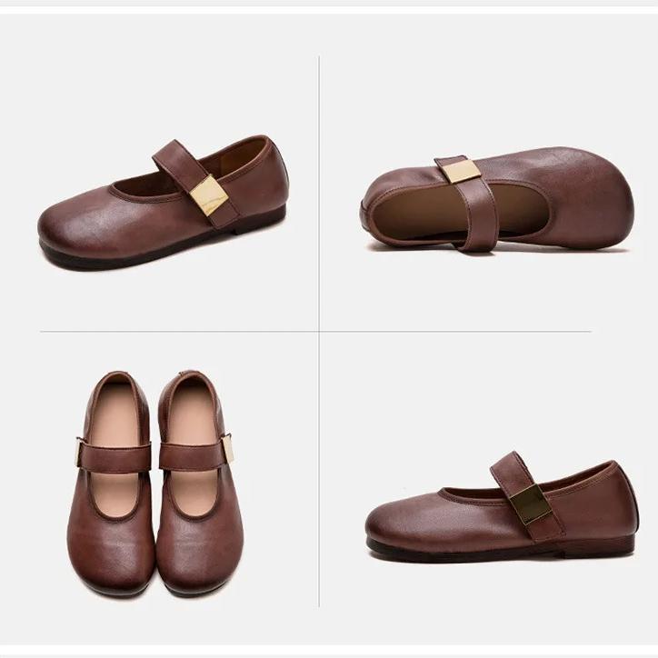 Johnature Retro Bequeme Rundspitze Flache Schuhe mit weicher Sohle Lässig Einfarbig Weiches Rindsleder Damenschuhe