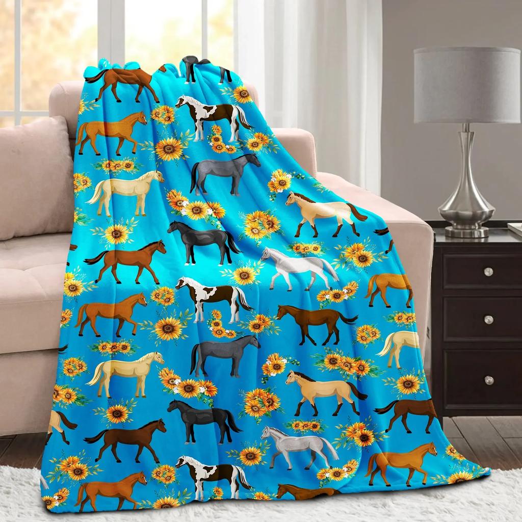Horses Blankets Coral Fleece Plush Summer Nature Wild Animals Portable Lightweight Throw Blankets for Home Car Bedspreads