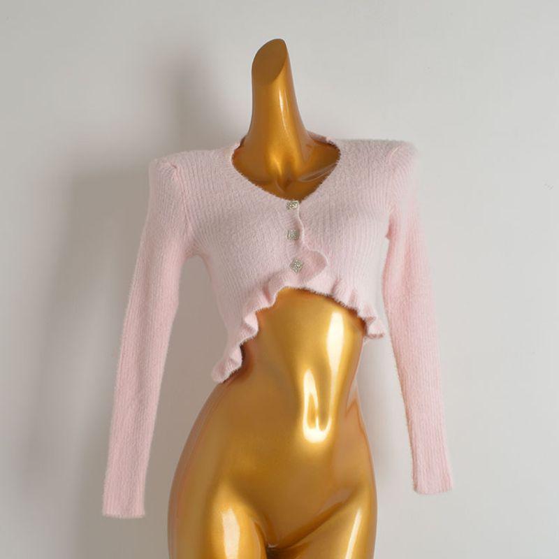 French Simplicity Anti-Mink Velvet V-neck Double-Breasted Knitting Cardigan Sweater Women's Autumn High Waist Slimming and Short Long Sleeves Outwear