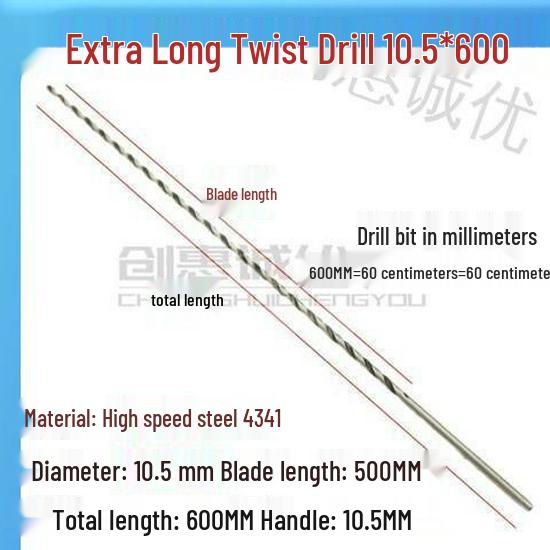 Extra Long 5060 Cm Twist Drill Bit, 500mm High-Speed Steel, Straight Shank for Deep Hole Drilling In Stainless Steel, Wood, 468 Industrial Series.