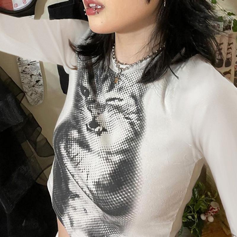 Harajuku Mosaic Cat Print Oříznutý Top Ležérní Základní Trička s dlouhým rukávem Crew Neck Přiléhavá trička Y2K