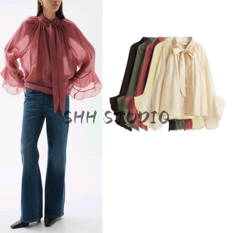 Summer New Product Women's Clothes Gathers Stand Collar Long Sleeves Fashion Casual Neckline Shoelace Sheer Top 1259011