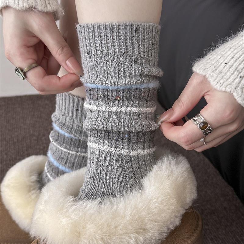 Women's Autumn and Winter Thickened Warm Collision Color Striped Yarn Wool Tube Pile Socks
