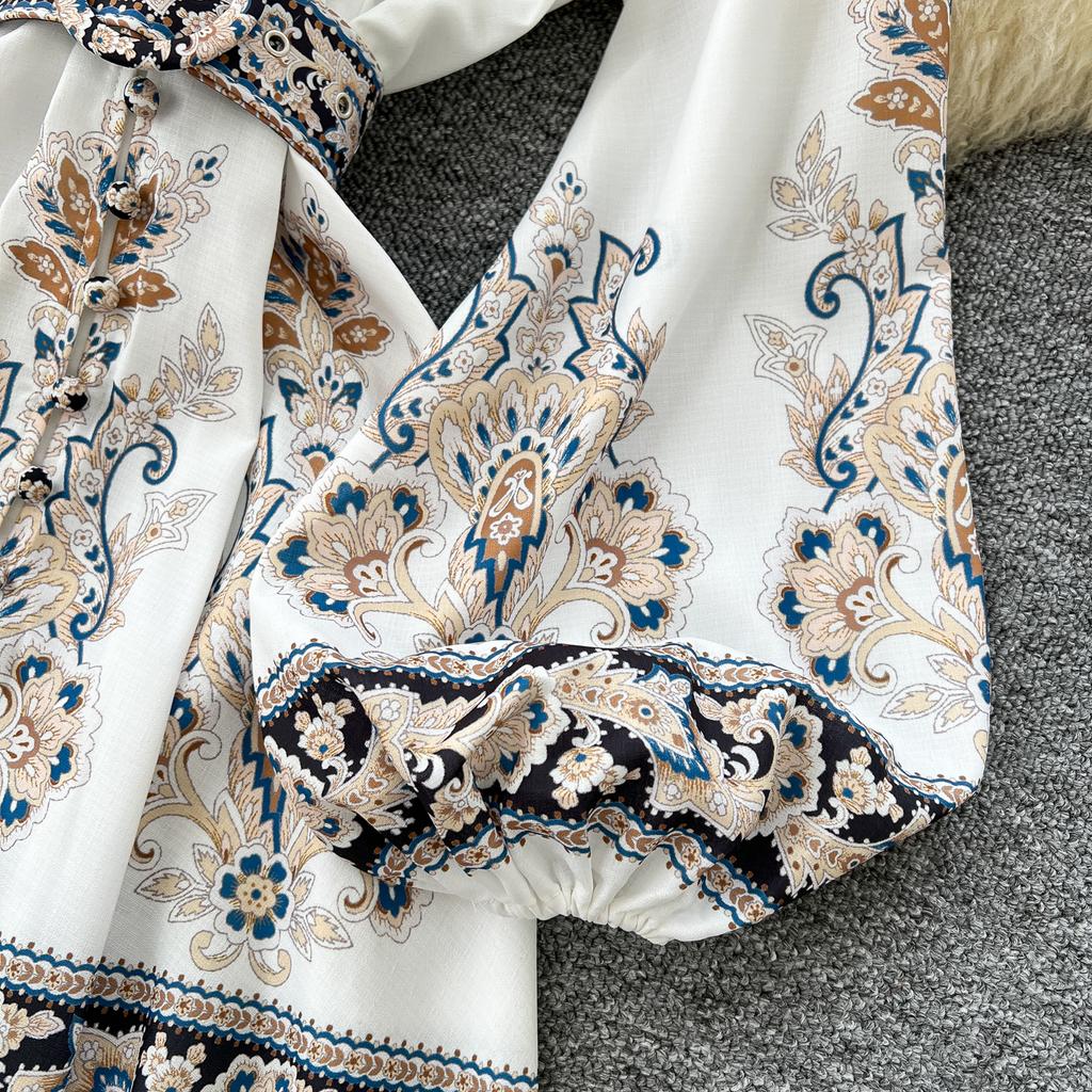 Frühling Herbst Frauen Große Größe Vintage Print Einreiher Lange Maxi Urlaub Party Kleider mit Gürtel